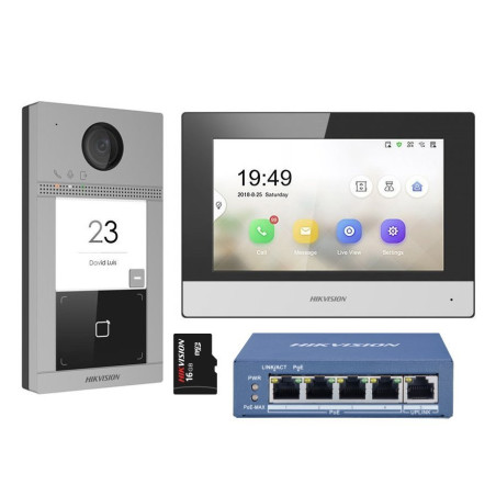 Hikvision DS-KIS604-S(C) - Súprava IP videotelefónu, bytový monitor + dverová stanica + switch + microSD
