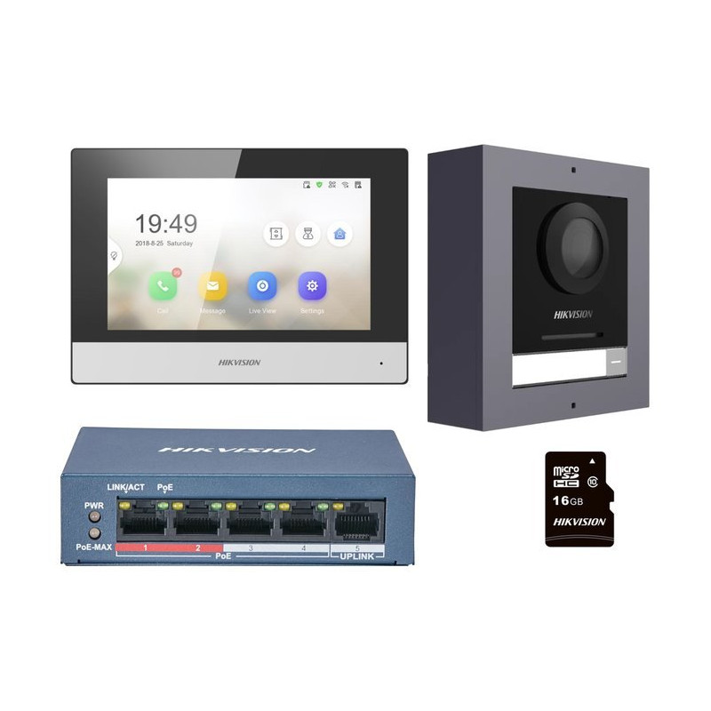 Hikvision DS-KIS602(B) - Súprava IP videotelefónu, bytový monitor + dverová stanica + switch + microSD