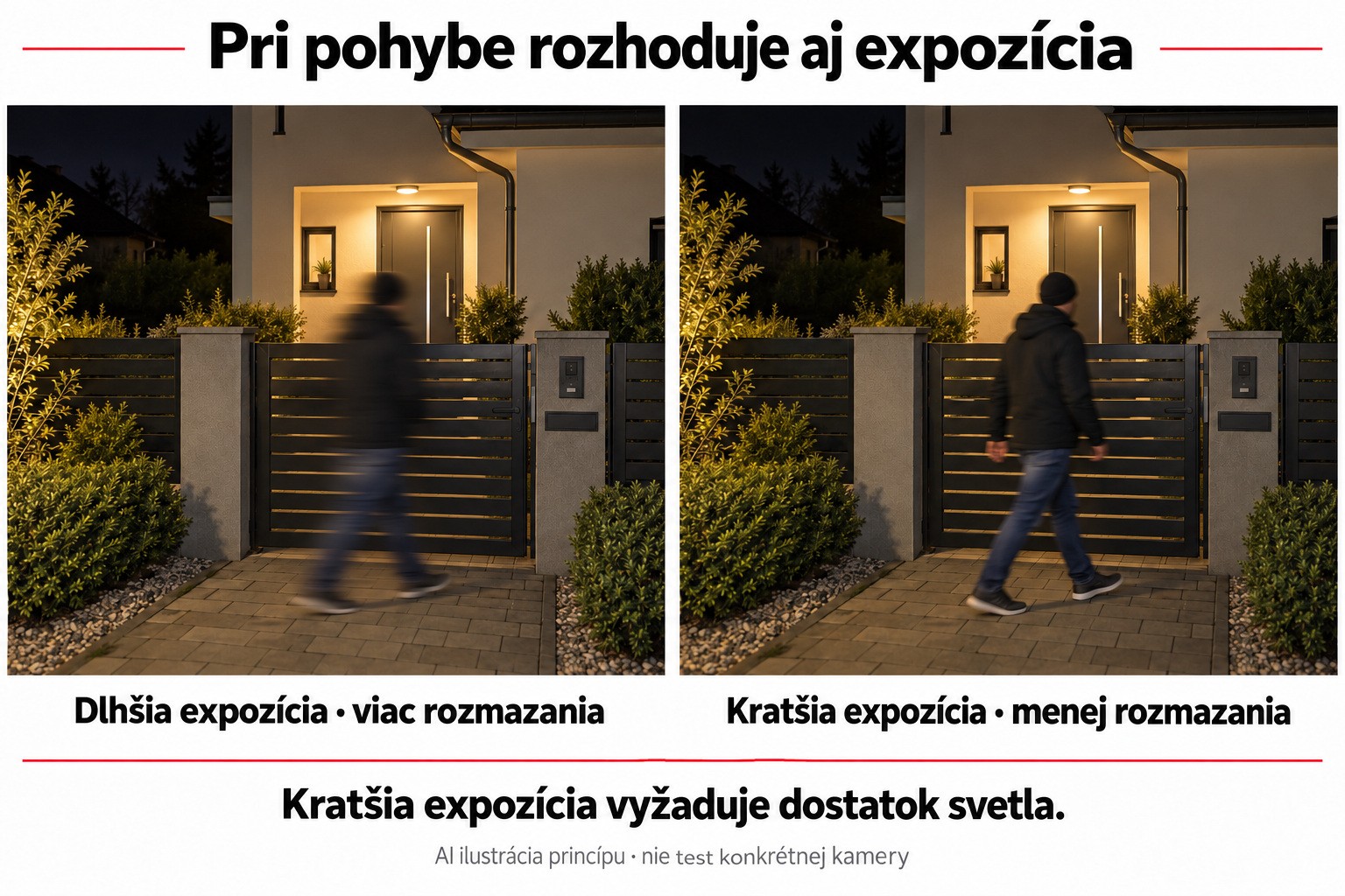 Ilustrácia chôdze popri bránke: pri dlhšej expozícii je pohybujúca sa postava viac rozmazaná, pri kratšej menej; pozadie zostáva ostré.