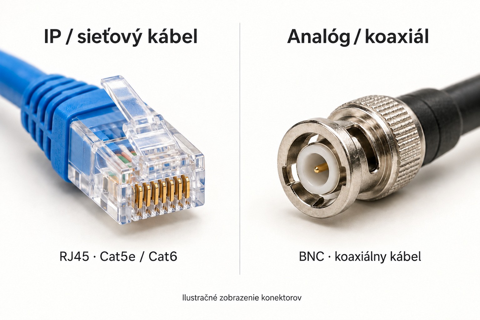 Ilustrácia: vľavo plastový konektor RJ45 na modrom sieťovom kábli a vpravo kovový BNC na čiernom koaxiálnom kábli.